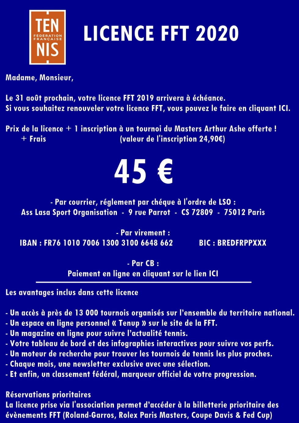 OFFRE LICENCE FFT 2020 OFFRE LICENCE FFT 2020